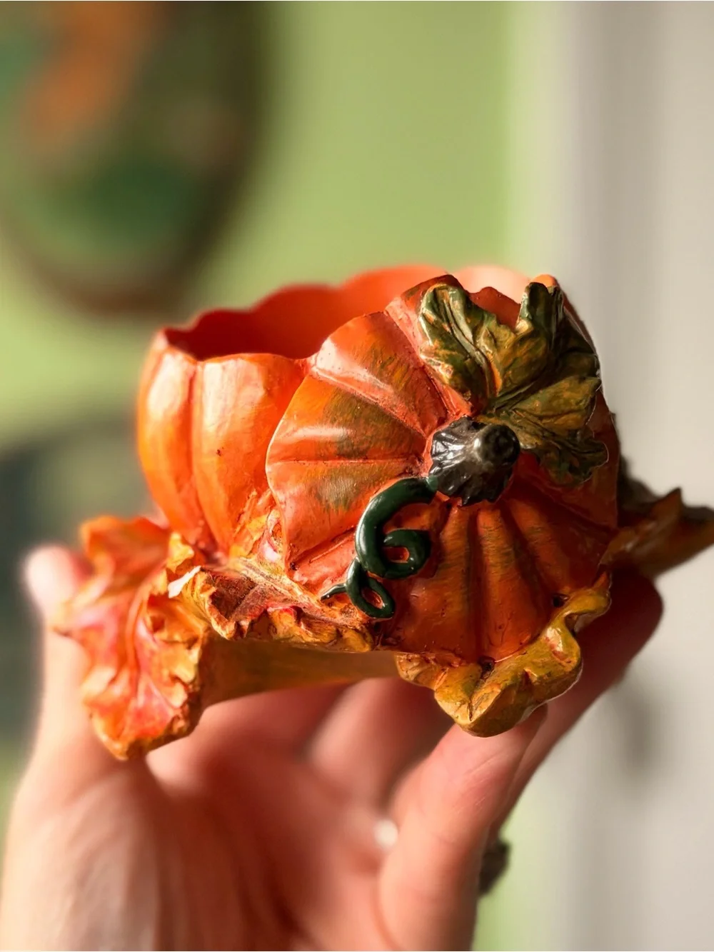 Pumpkin Seasonall Fall Tealight Holder Accent Orange & Floral Sunflowers